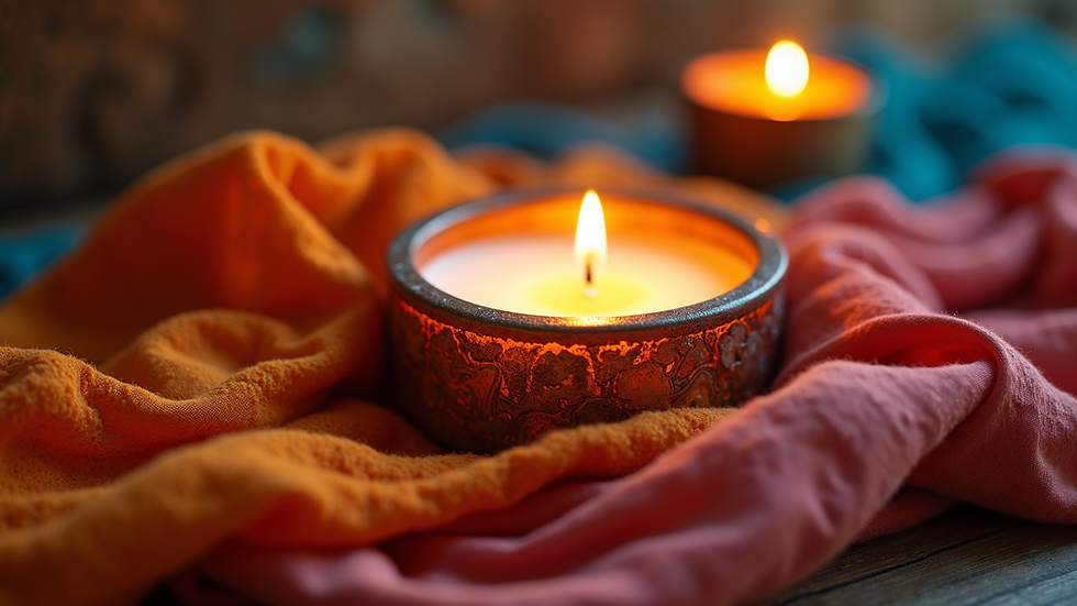 Close-up view of a beautifully crafted artisanal candle surrounded by colorful textiles