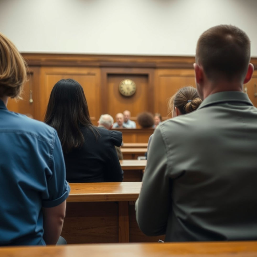 People seated in a wood-paneled courtroom, viewed from behind. A clock hangs on the wall, creating a serious and focused atmosphere.