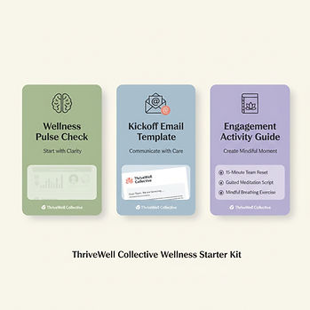 ThriveWell Collective Wellness Starter Kit preview showing wellness pulse check assessment, kickoff email template, and engagement activity guide for small business HR teams