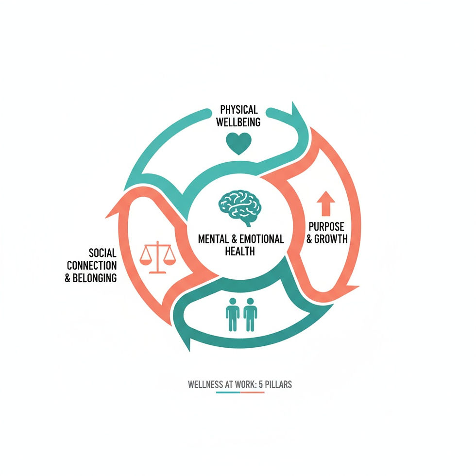 5-pillar wellness framework showing mental health, purpose, belonging, work-life balance, and physical wellbeing