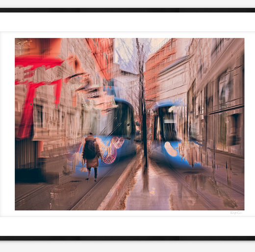 A captivating abstract composition in pastel colours, infused with dynamic energy, evokes a sense of movement and transformation within the urban landscape. A Limited Edition Digital Graphic Artwork by Douglas Carr.