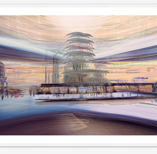 A tram glides through downtown Oslo, blending with the dynamic textures of Byporten Mall in this abstract urban composition. Captured using in-camera techniques, the image transforms movement into a surreal visual narrative.