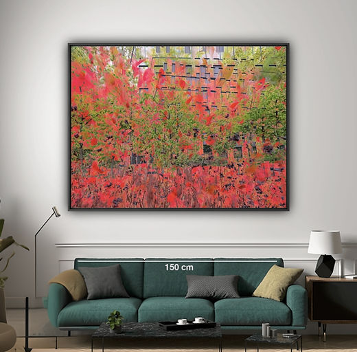 A modern abstract fine art wall art ICM photography and multiple exposure photo print capturing vibrant colour red leaves of autumn in Oslo Norway by Douglas Carr Photography taken with Fuji GFX100Sii