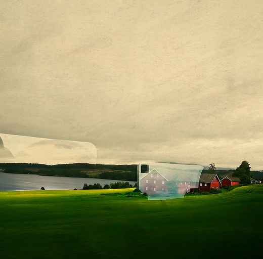 A abstract fine art wall art landscape photo print of a Norwegian farm taken from a train photographed by Douglas Carr