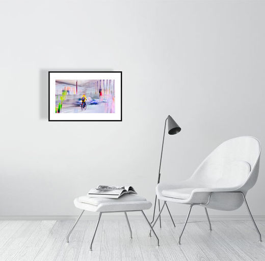 A vibrant cyclist glides through the rain, capturing the freedom and energy of motion in a fleeting urban moment. A Limited Edition Digital Graphic Artwork by Douglas Carr, capturing the elusive magic of a city in motion.
