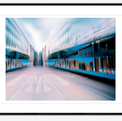 An Oslo city tram is transformed into a vision of chaos and destruction, its form dissolving into a surreal, apocalyptic scene as it moves through the city.