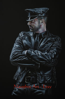 man dressed in leather hat pants trousers gay man bear belt model hunk gay Naughty Art