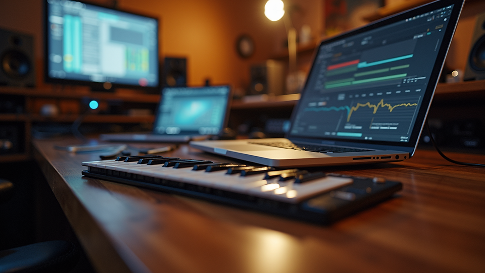 Eye-level view of a musician's workspace with instruments and a laptop