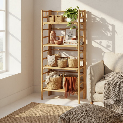 Bamboo Multi-Purpose Freestanding Foldable 4-tier Bookcase Shelf