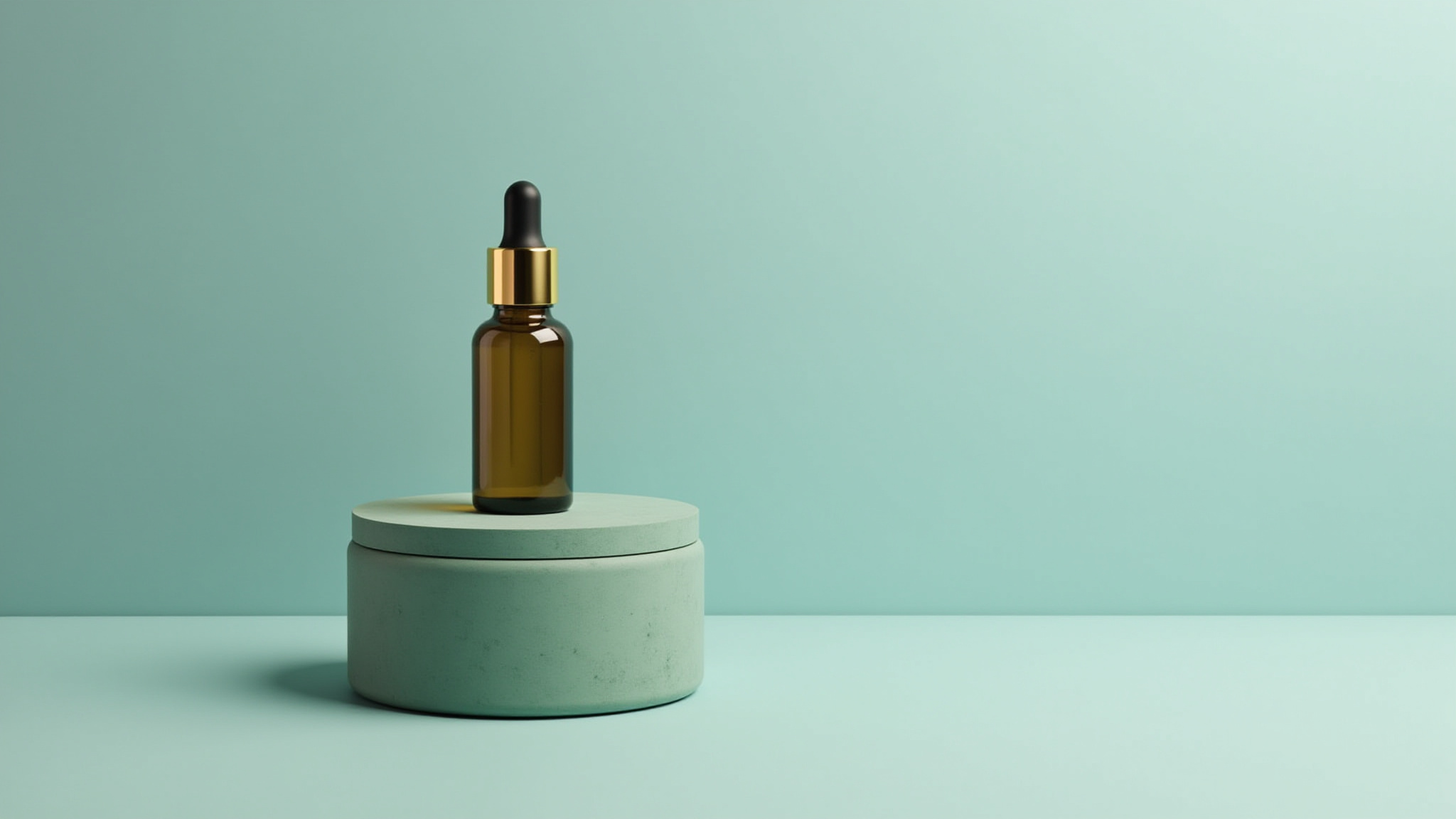 Flacon d'huile marron sur un socle vert, fond bleu clair, Zenlife Coaching.