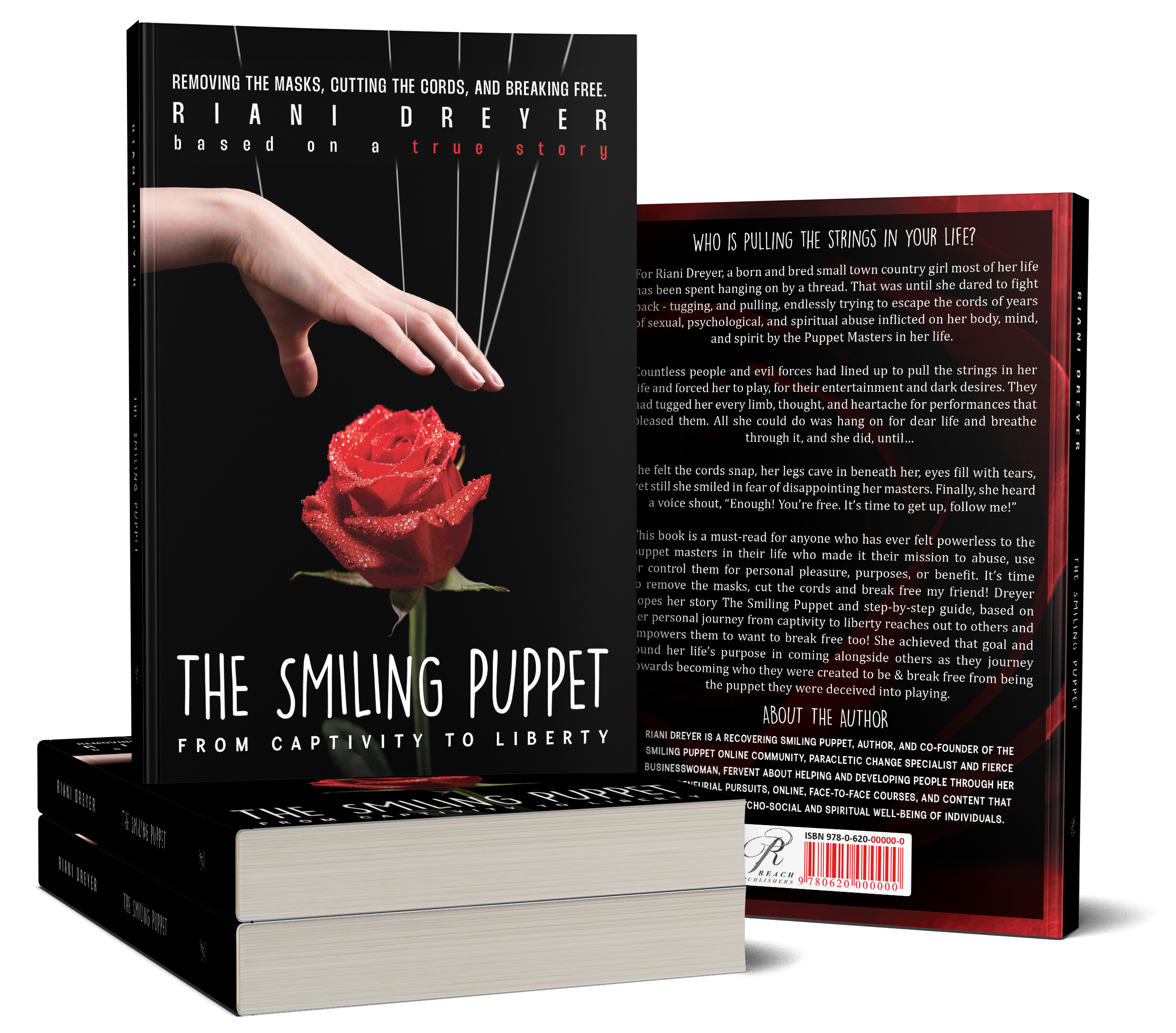 Book cover in black with a red rose and a hand being pulled by strings