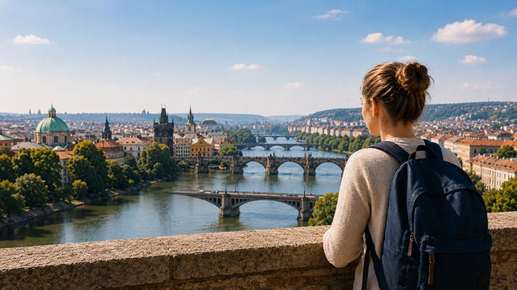 Student overlooking a European city from a terrace representing academic field choices for studying in Europe