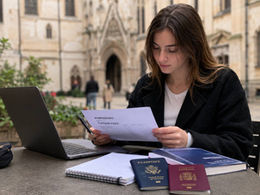 American student reviewing European university admissions materials with U.S. and EU passports