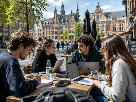 University students studying at a café in a European university city