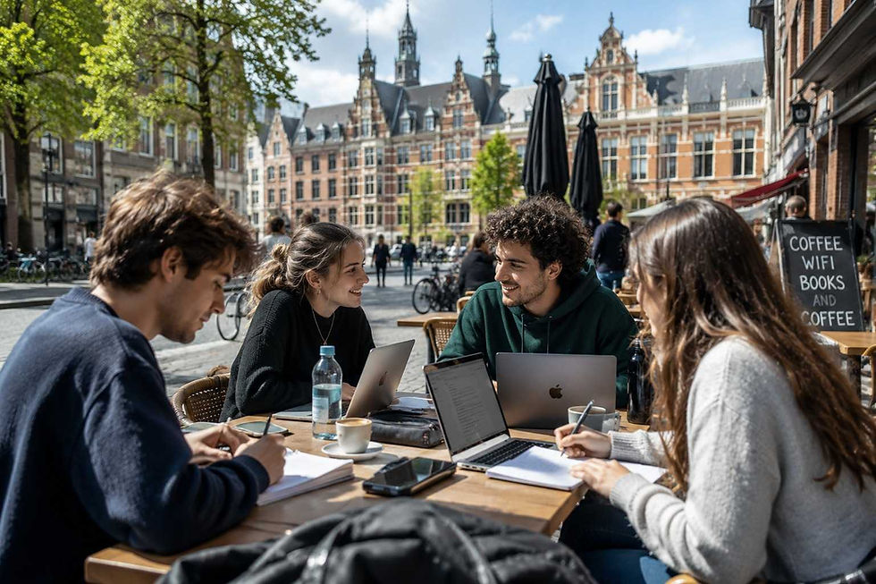 University students studying at a café in a European university city