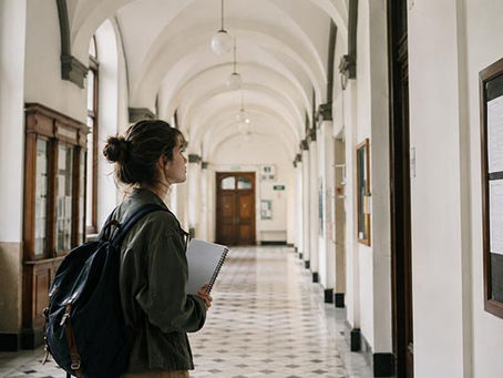Student standing in a European university hallway representing academic direction and degree specialization