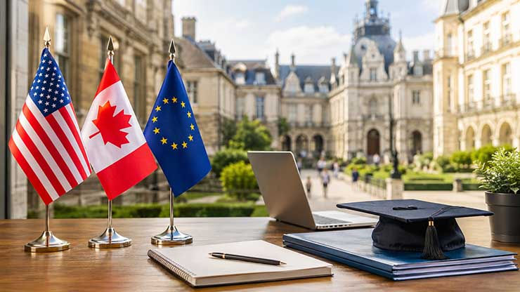 United States, Canada, and European Union flags on a university campus representing international study options for dual-citizen students