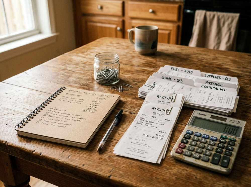 Close-up view of sorted receipts and a calculator on a kitchen table.