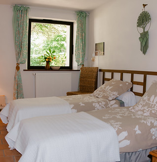 Chambre Châtaigne avec deux lits simples au gîte La Lande, Firbeix, Dordogne