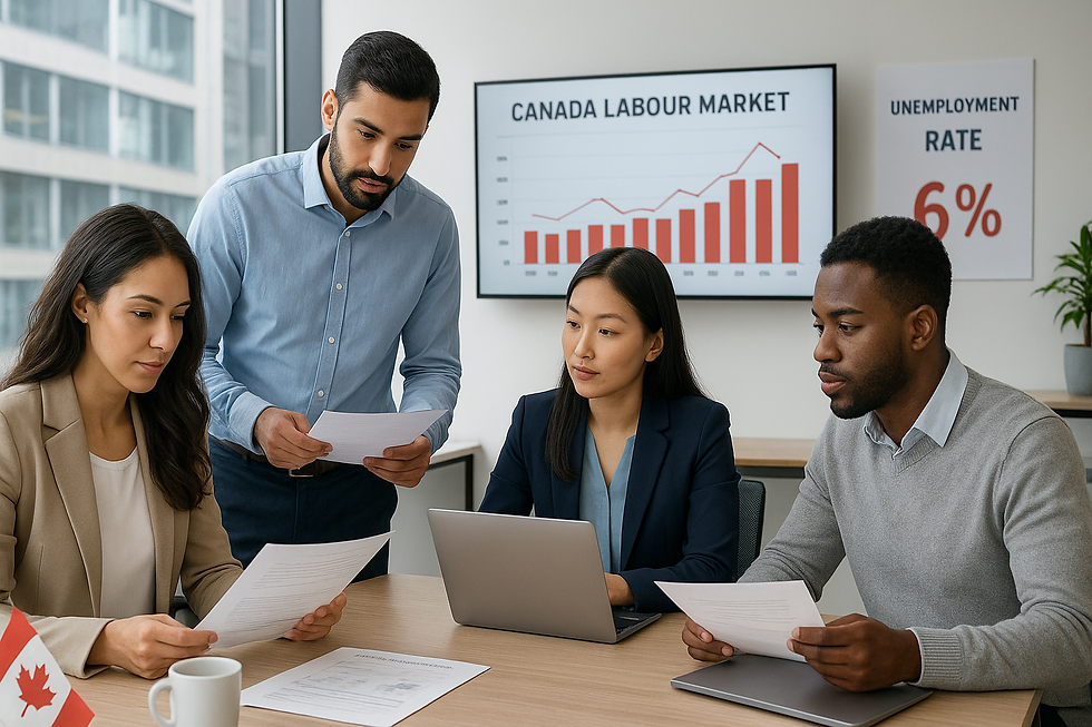 Four professionals in a meeting room review documents. Charts labeled "Canada Labour Market" and "Unemployment Rate 6%" are on the wall.