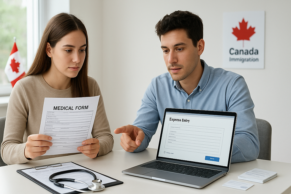 A woman holds a medical form while a man points at a laptop showing "Express Entry." Canadian flag and sign in background. Office setting.