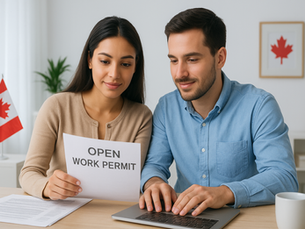 Two people look at an "Open Work Permit" paper, smiling. Indoor setting with Canadian flag and laptop. Bright, neutral decor.