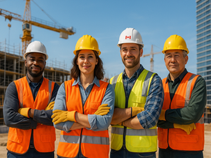 Cuatro trabajadores de construcción sonríen con cascos y chalecos en un sitio de obra. Fondo de grúas y edificio alto. Día soleado.