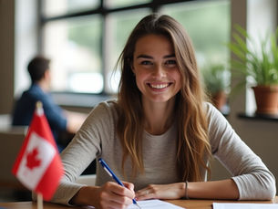Joven sonriente escribe con bolígrafo azul en mesa, bandera de Canadá delante. Fondo con plantas y otra persona desenfocada. Ambiente acogedor.
