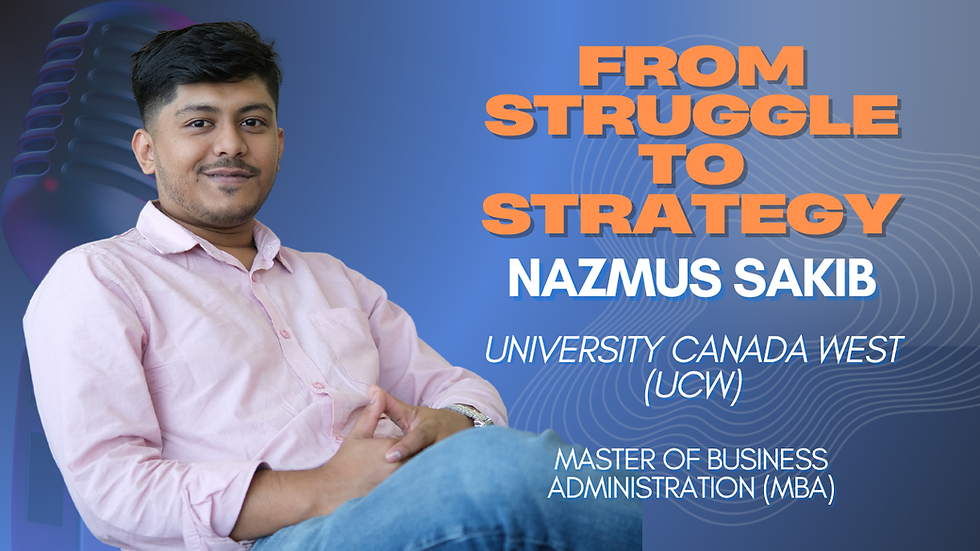 Man in a pink shirt smiles against a blue background. Text reads "From Struggle to Strategy" and "University Canada West (UCW) MBA."