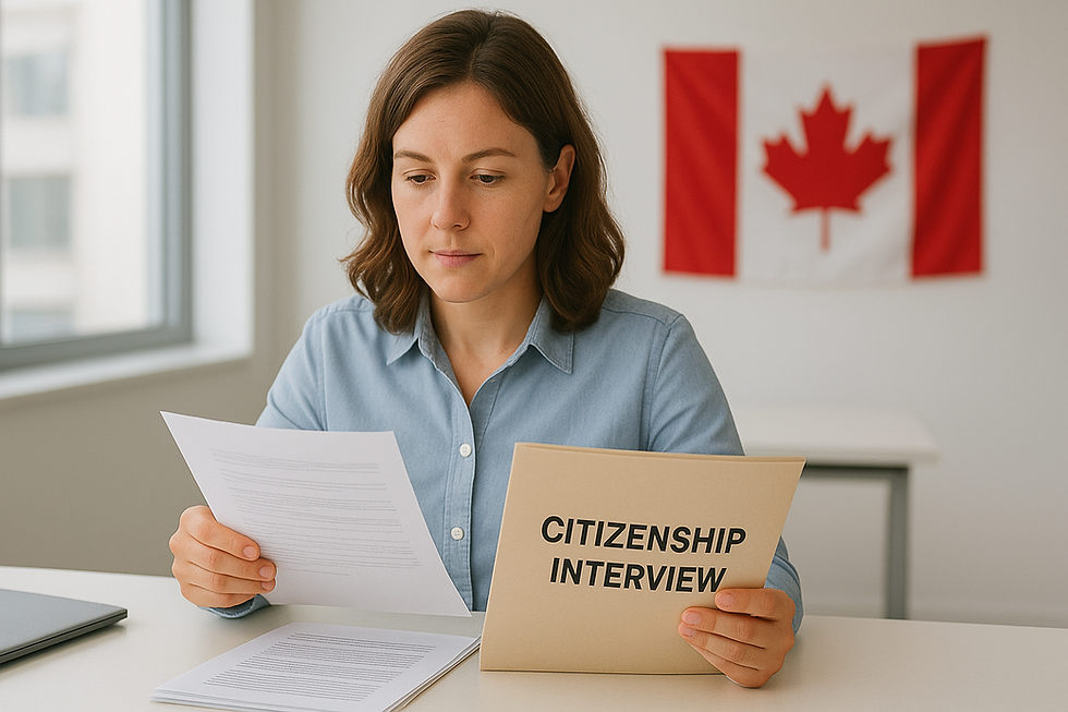 Woman reviews papers for a citizenship interview. She's seated in a room with a Canadian flag in the background, wearing a blue shirt.