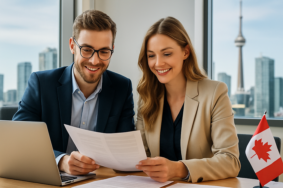 Smiling man and woman in business attire review papers in an office with a city skyline background. A Canadian flag is on the desk.