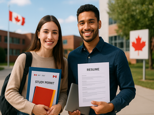 Two smiling people hold a study permit and resume, standing outdoors near a building with a Canadian flag. Clear sky and trees in the background.