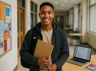 Smiling person in a hallway holding a folder, wearing a backpack. Behind is a bulletin board and an open laptop on a table. Bright setting.