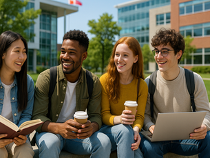 Group of four students sitting outdoors, smiling, holding coffee cups, and a laptop. Sunny campus setting with trees and modern buildings.