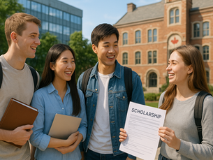 Four students laughing on campus, one holding a paper labeled "Scholarship." Background shows a brick building and trees, under a clear sky.