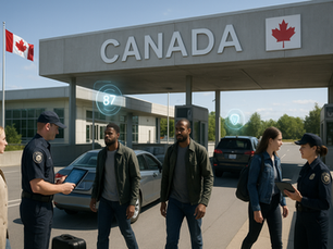 Border crossing with officers checking travelers' documents under a "CANADA" sign. Canadian flag and trees in background; calm mood.