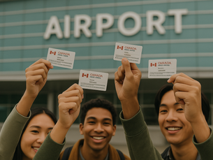 Smiling group holds Canadian ID cards in front of an airport. Blue and white building in background. Mood: Excited.