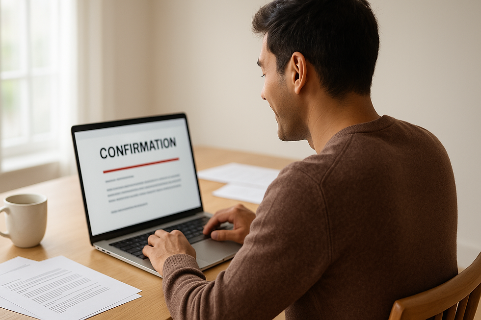 Man in brown sweater smiles at laptop displaying "CONFIRMATION" in bright room. Papers and white mug on wooden table.