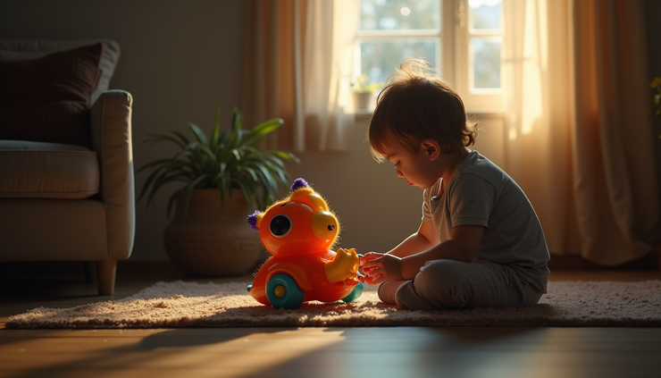 Eye-level view of a child playing with a colorful toy in a dimly lit living room