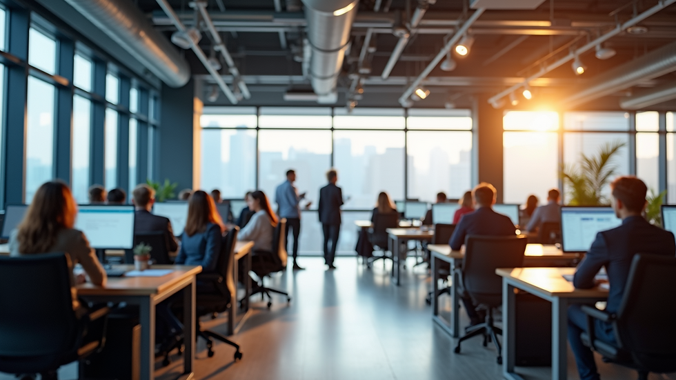 Wide angle view of a modern office with a digital marketing team