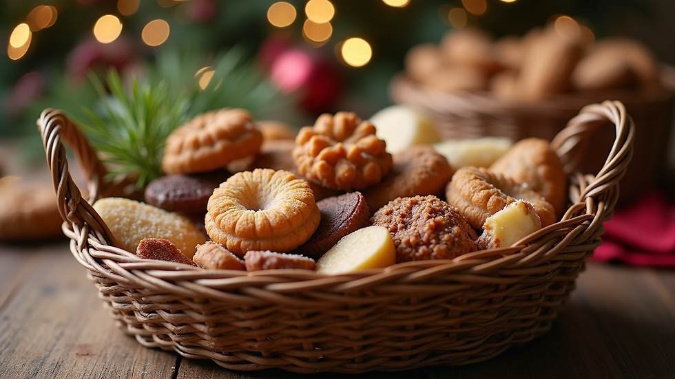 Close-up view of a gourmet gift basket filled with festive treats