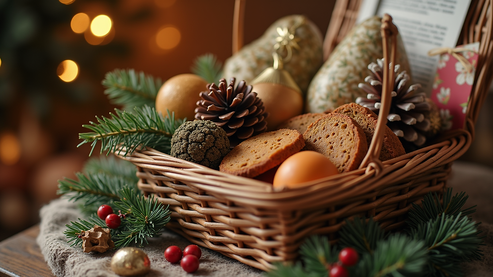 Close-up view of a beautifully arranged premium Christmas basket