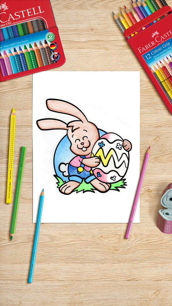 coloring book drawing of an easter bunny hugging an egg