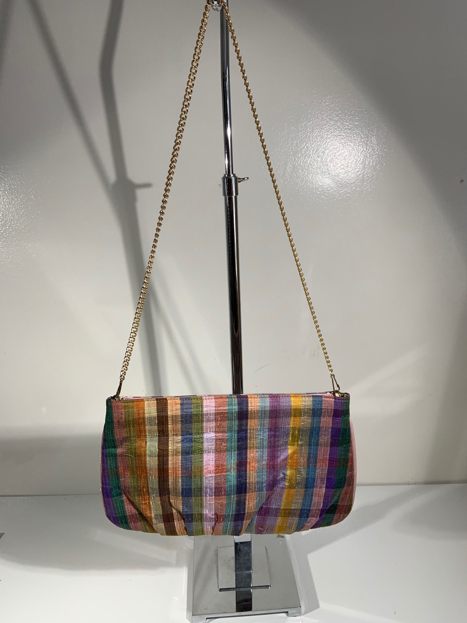Madras plaid silk hinge clutch