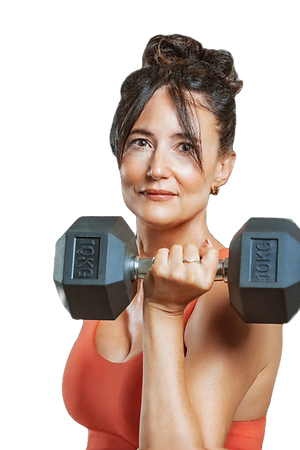 Ami Baker PT lifting a dumbbell for menopause strength training.