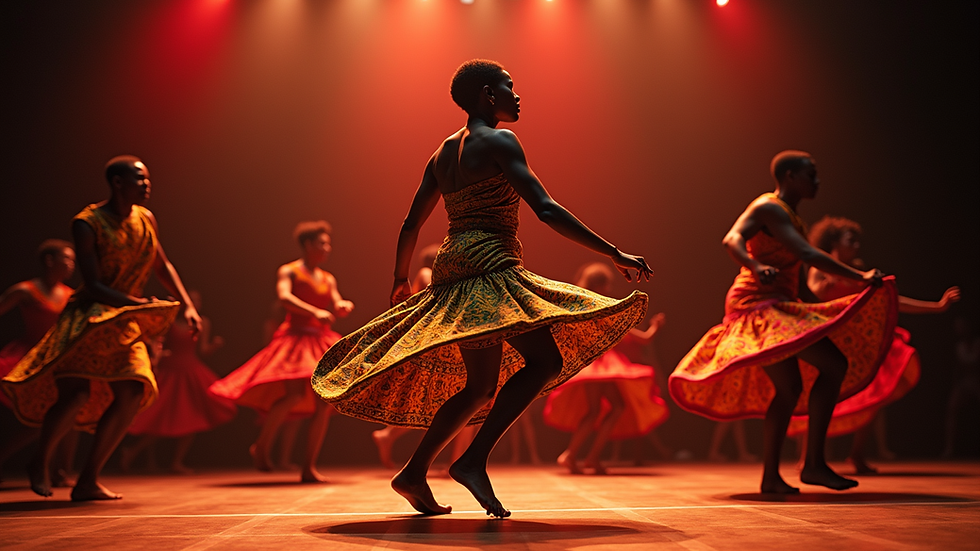 Eye-level view of a vibrant Congolese dance performance on stage