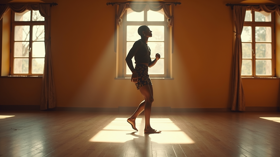 Eye-level view of a dance studio with a single dancer practicing traditional Congolese steps