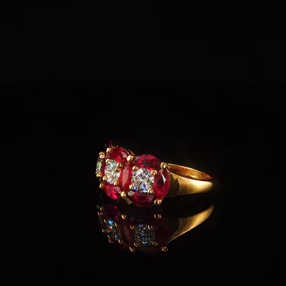 Thumbnail: Yellow Gold Ring with Marquise-Cut Rubies and Diamonds