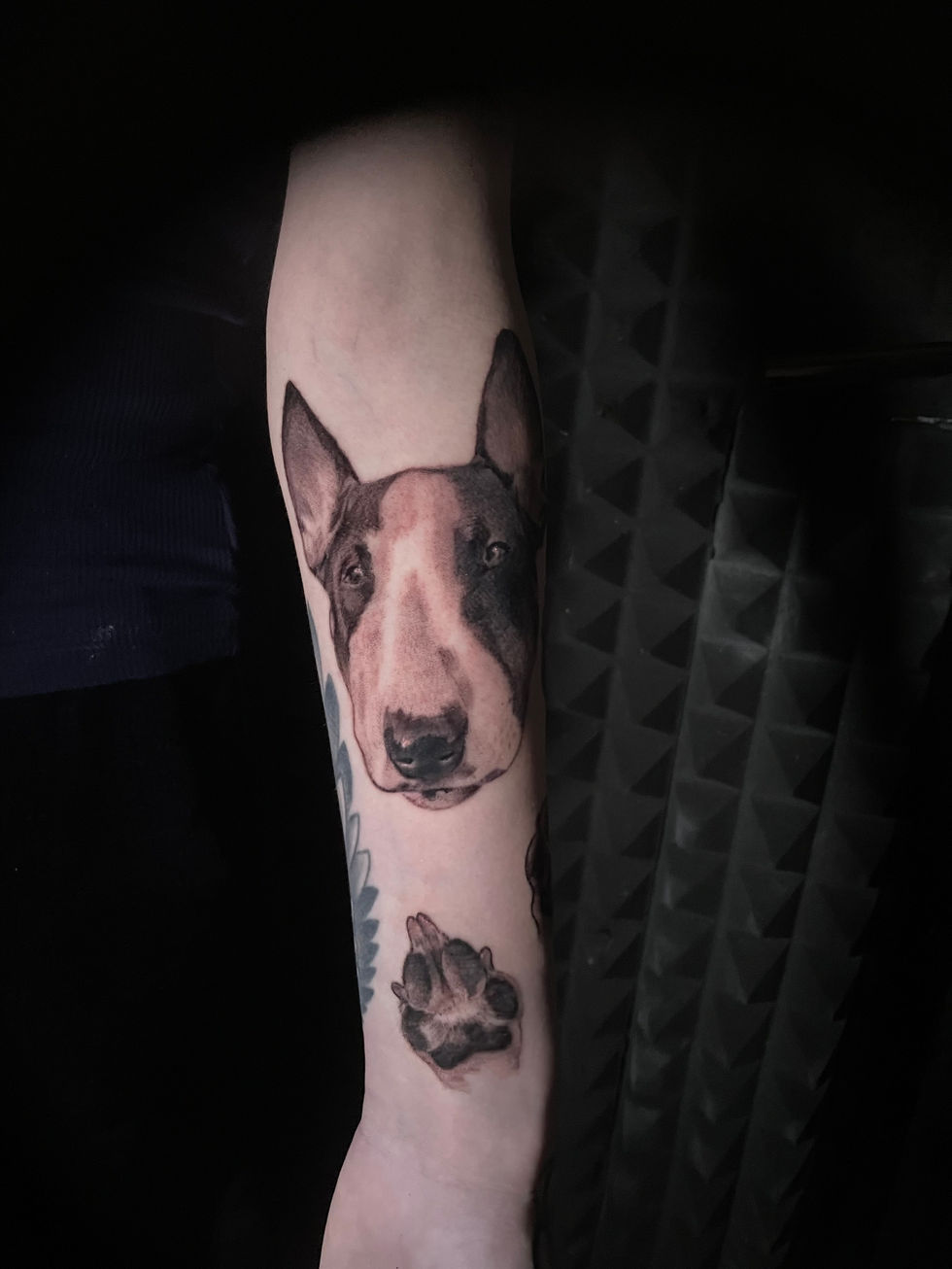 Tattoo of a Bull Terrier dog's face and paw print on arm, small tattoos.
