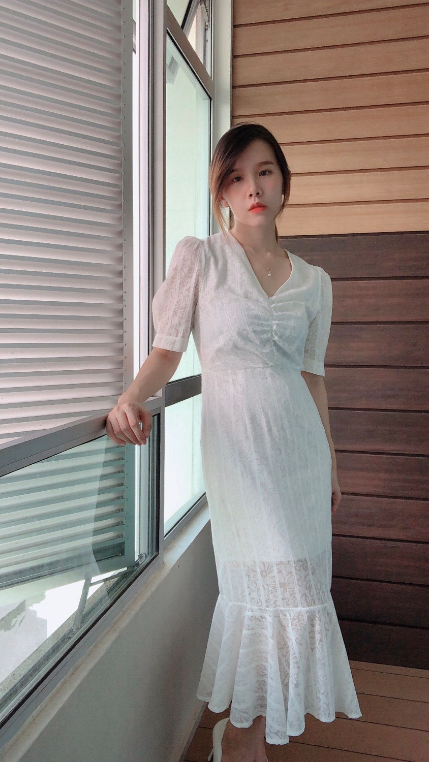 Thumbnail: Jacquard Lace V-Neck Trumpet Dress